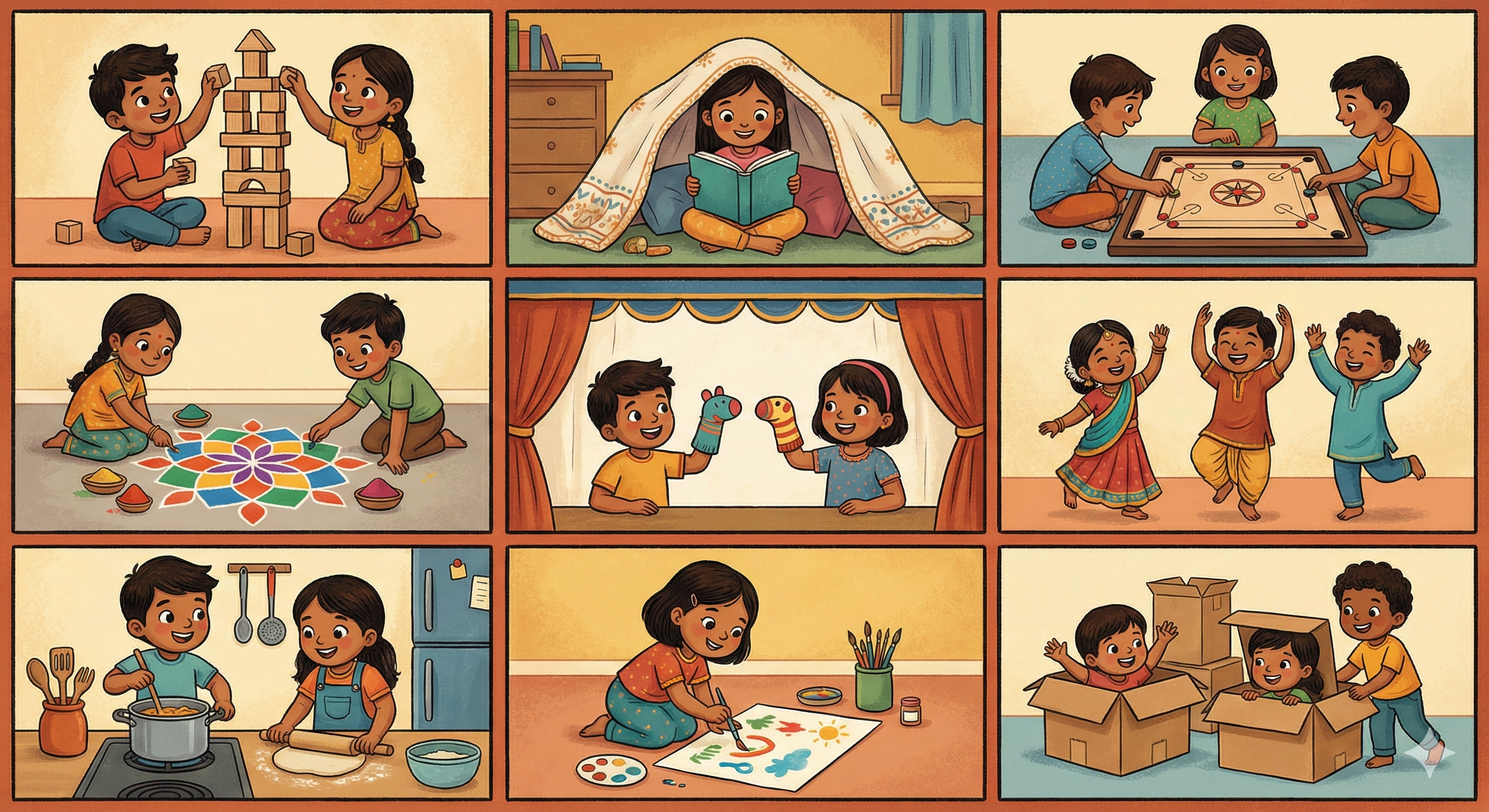 Grid of Indian children doing various indoor activities - building blocks, reading, rangoli, dancing, crafts