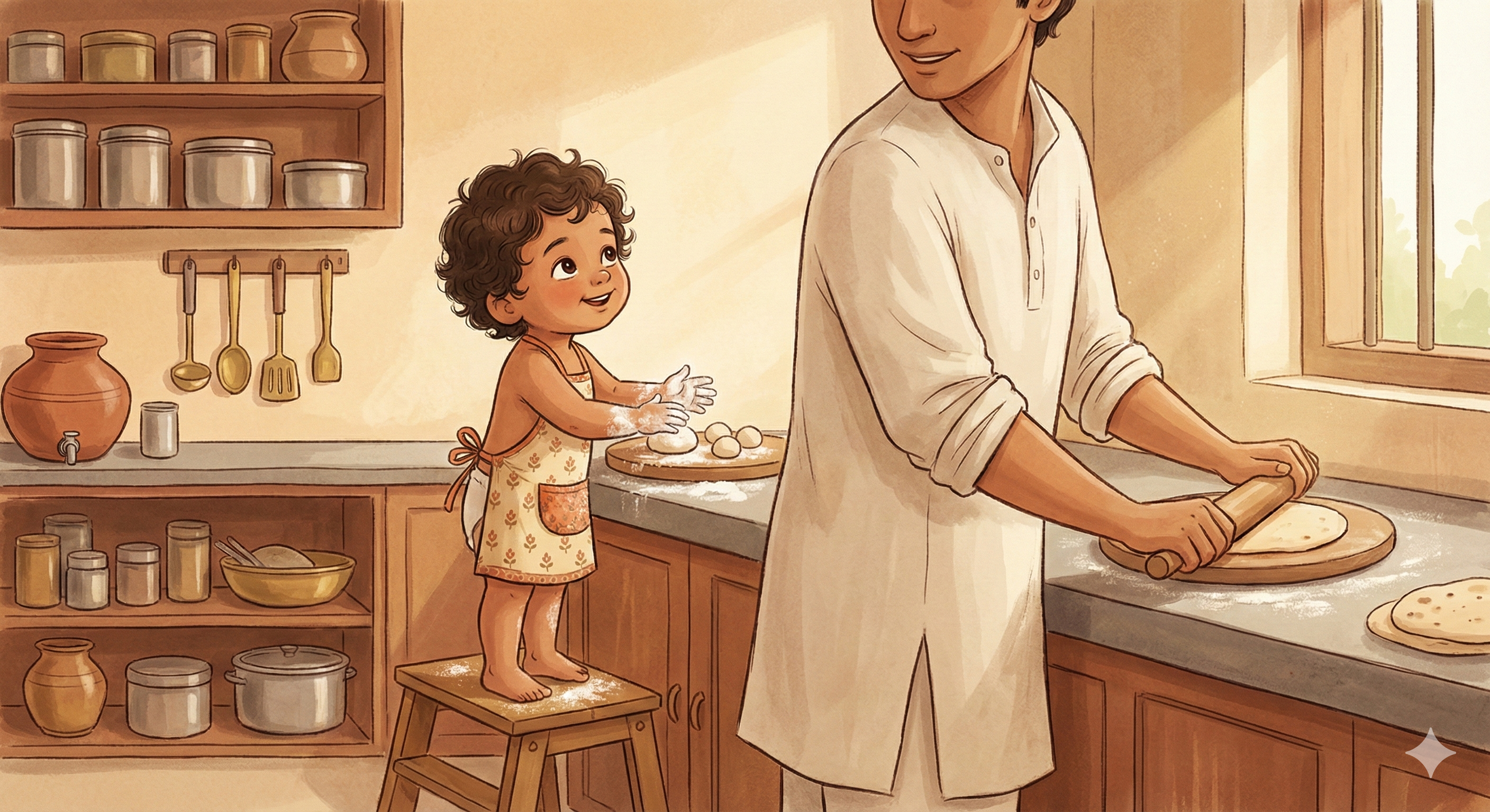 Young child helping make rotis in an Indian kitchen, rolling dough balls with flour-covered hands